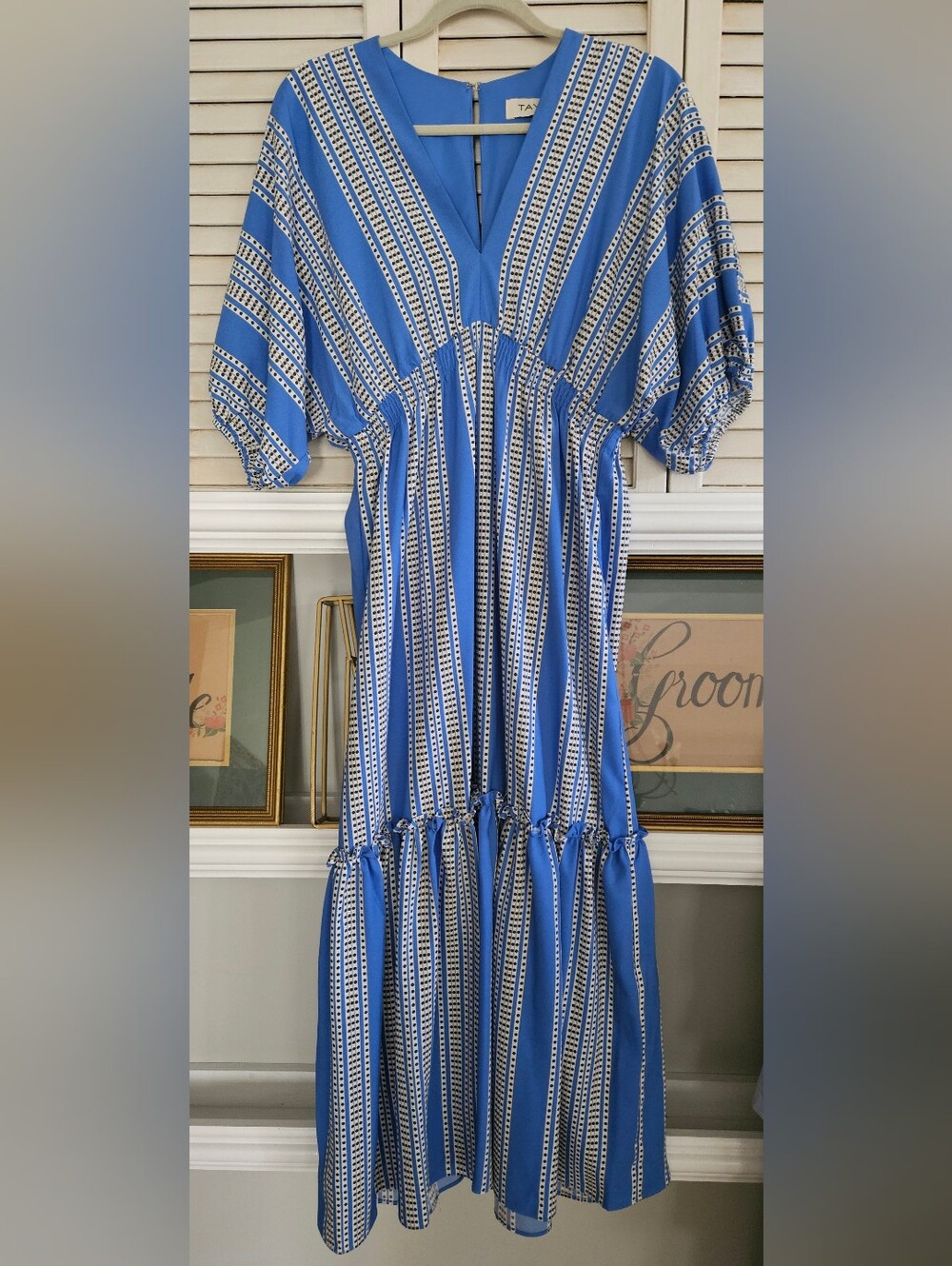 Taylor Sapphire Blue Striped Dolman Sleeve Smocked Tiered Midi Maxi Dress 6